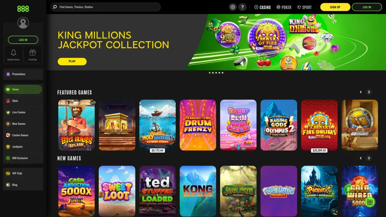 888casino games lobby website screenshot