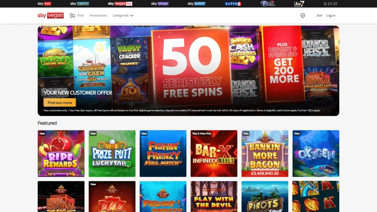 Sky Vegas homepage website screenshot