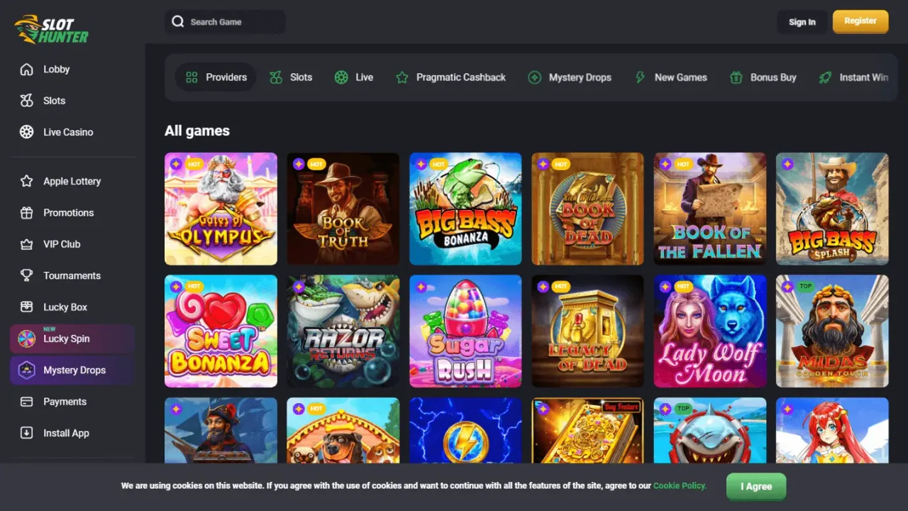 SlotHunter games lobby website screenshot