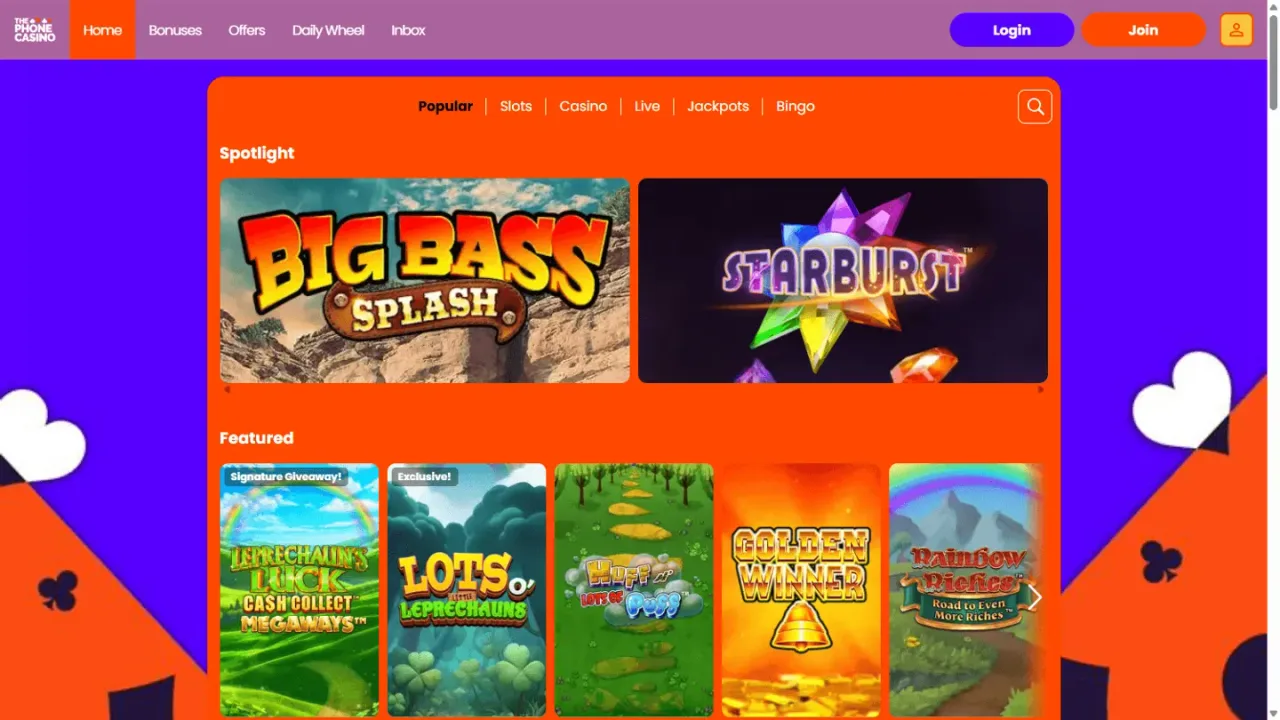 The Phone Casino games lobby website screenshot
